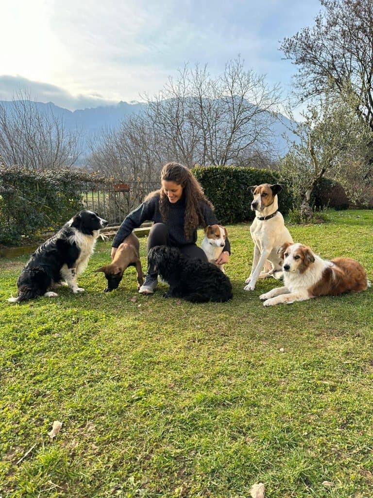 Daniela Pitardi inginocchiata su un prato, circondata da sei cani, con le montagne sullo sfondo